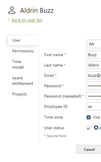 create user for time tracking system