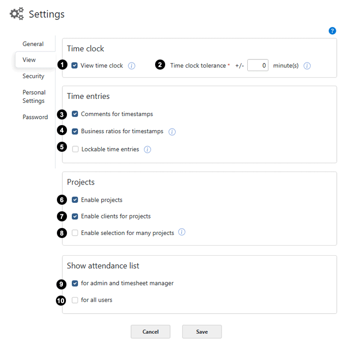 Time and attendance settings view